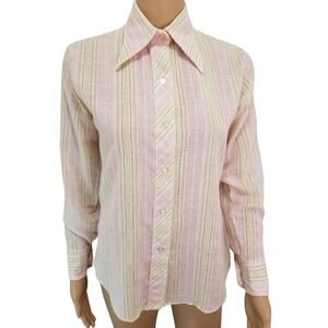 40s 50s Vintage Wing Tip Collar Button Up Shirt Pink Cream Green Stripe SZ 9/10